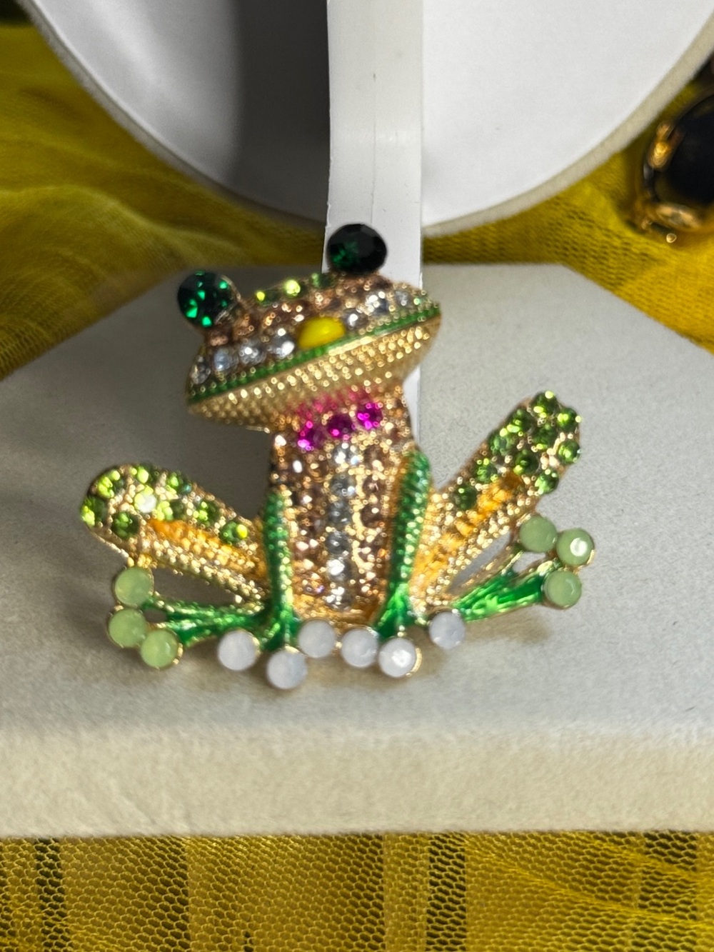 Colorful Green and Gold Crystal Frog Brooch
